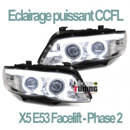 PHARES CHROME ANNEAUX ANGEL EYES CCFL FEUX DIURNE BMW X5 E53 FACELIFT 2003-2007 (03373)
