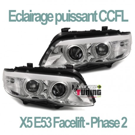 PHARES CHROME ANNEAUX ANGEL EYES CCFL FEUX DIURNE BMW X5 E53 FACELIFT 2003-2007 (03373)