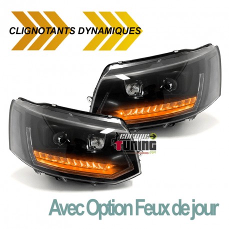 PHARES NOIRS FEUX DE JOUR CLIGNOTANTS LEDS DYNAMIQUES LOOK T6 POUR VW T5 FACELIFT (04854)