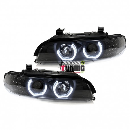 PHARES FEUX AVANTS NOIRS ANNEAUX ANGEL EYES EN U CLIGNO LEDS BMW SERIE 5 E39 (05337)