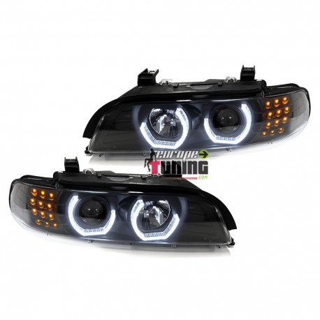 PHARES FEUX AVANTS NOIRS ANNEAUX ANGEL EYES EN U CLIGNO LEDS BMW SERIE 5 E39 (05337)