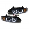 PHARES FEUX AVANTS NOIRS ANNEAUX ANGEL EYES EN U CLIGNO LEDS BMW SERIE 5 E39 (05337)