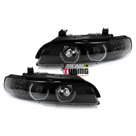 PHARES FEUX AVANTS NOIRS ANNEAUX ANGEL EYES EN U CLIGNO LEDS BMW SERIE 5 E39 (05337)