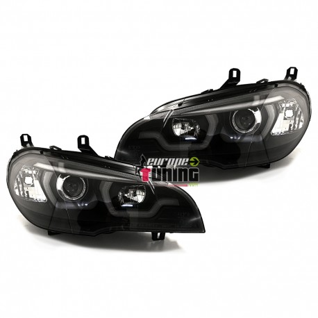 PHARES NOIRS DRL ANGEL EYES ANNEAUX 3D FEUX DE JOUR BMW X5 E70 2007-2013 (05349)