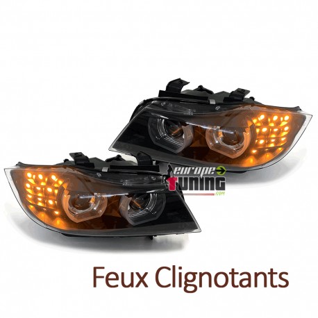OPTIQUES PHARES NOIRS ANNEAUX LED 3D AU XENON BMW SERIE 3 E90 & E91 2008-2012 PH2 (05458)