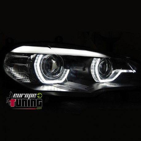 PHARES NOIRS ANNEAUX LED 3D 6000K AU XENON AVEC FEUX DE VIRAGES BMW X5 E70 2007-2010 PH1 (05348)