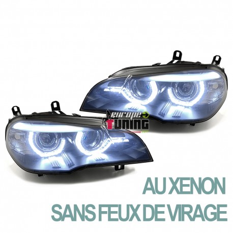 PHARES NOIRS ANNEAUX LED 3D 6000K AU XENON AVEC FEUX DE VIRAGES BMW X5 E70 2007-2010 PH1 (05348)