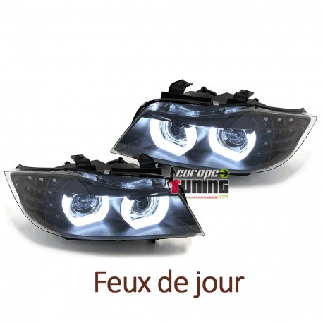 OPTIQUES PHARES NOIRS ANNEAUX LED 3D AU XENON BMW SERIE 3 E90 & E91 2008-2012 PH2 (05458)