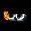 OPTIQUES PHARES NOIRS ANNEAUX LED 3D AU XENON BMW SERIE 3 E90 & E91 2008-2012 PH2 (05458)