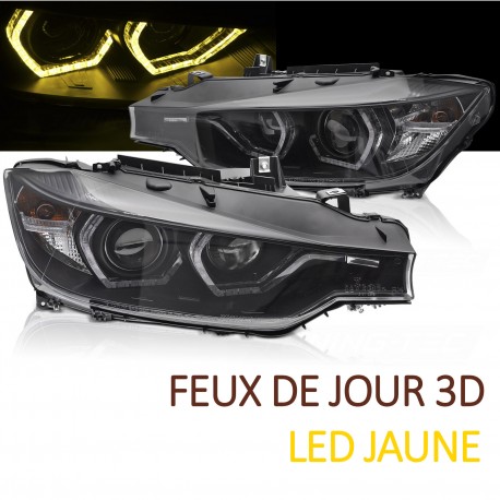 PHARES NOIRS FEUX DE JOUR ANNEAUX LED 3D JAUNES BMW SERIE 3 F30 F31 2011-2015 (06354)