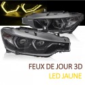 PHARES NOIRS FEUX DE JOUR ANNEAUX LED 3D JAUNES BMW SERIE 3 F30 F31 2011-2015 (06354)