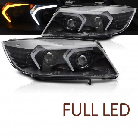 PHARES NOIRS CONVERSION FULL LED AVEC FEUX DE JOUR BMW SERIE 3 E90 E91 2005-2008 (06378)
