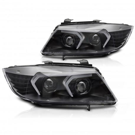 PHARES NOIRS CONVERSION FULL LED AVEC FEUX DE JOUR BMW SERIE 3 E90 E91 2005-2008 (06378)