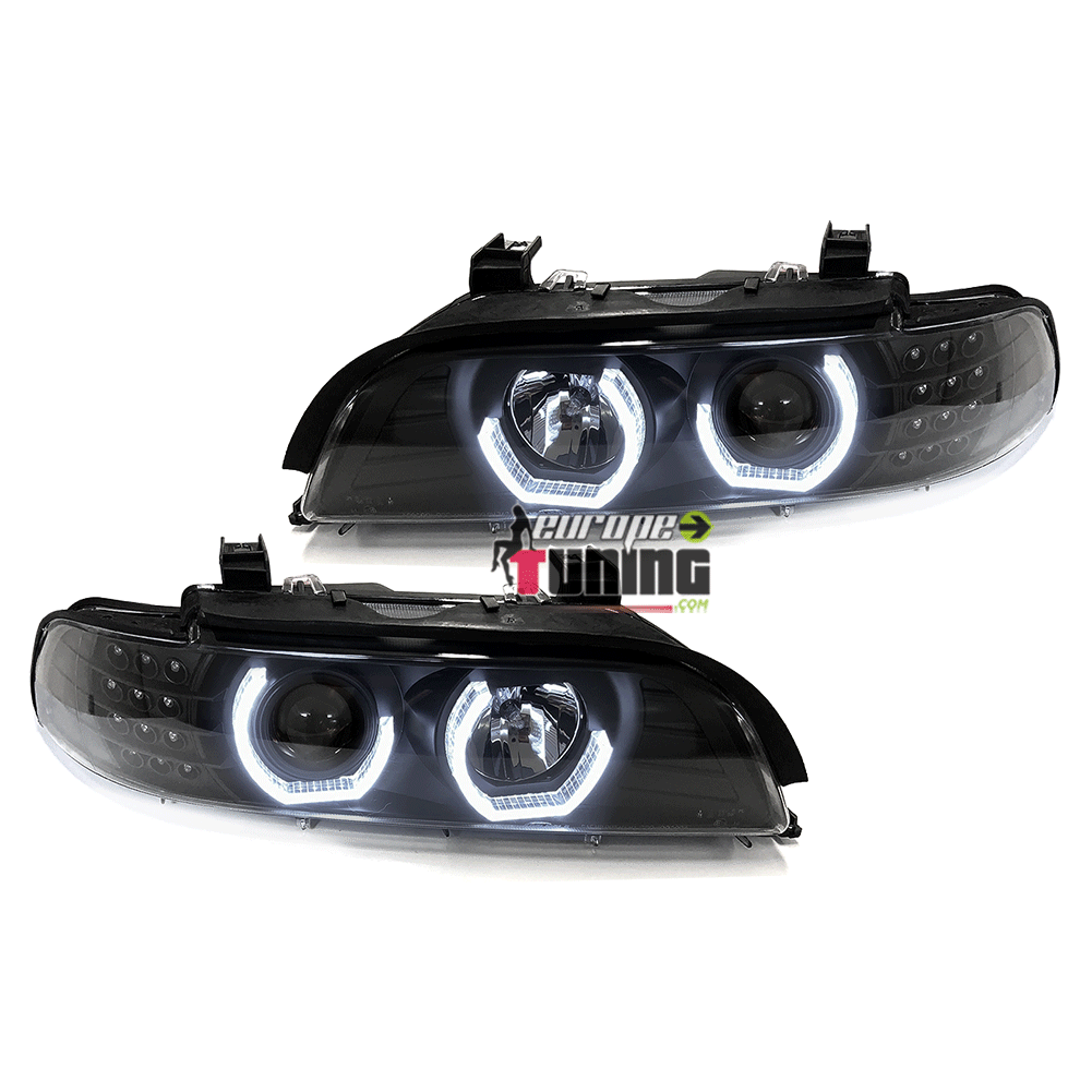 PHARES FEUX AVANTS NOIRS ANNEAUX ANGEL EYES EN U CLIGNO LEDS BMW SERIE 5 E39 (05337)
